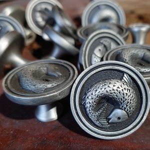 Red Fish cabinet knobs, drawer pulls, brushed pewter, masculine, man cave, manly